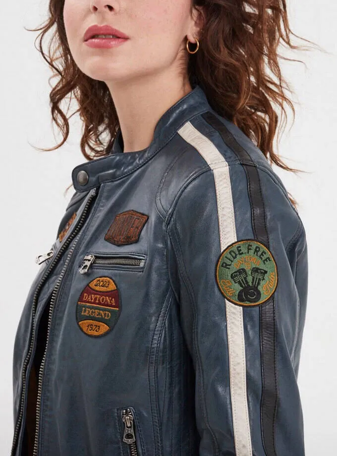 Blouson cuir femme bleu