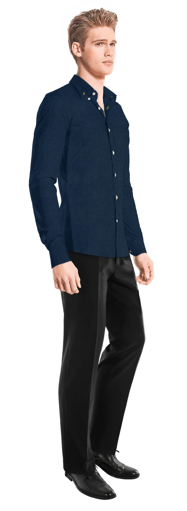 Chemise bleu marine en coton/lin col boutonné