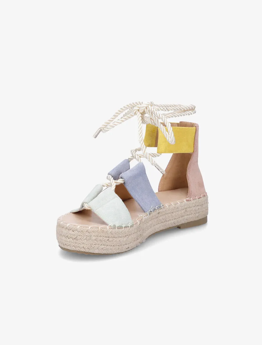 Compensées multicolore à lacets et semelle raphia - Rose