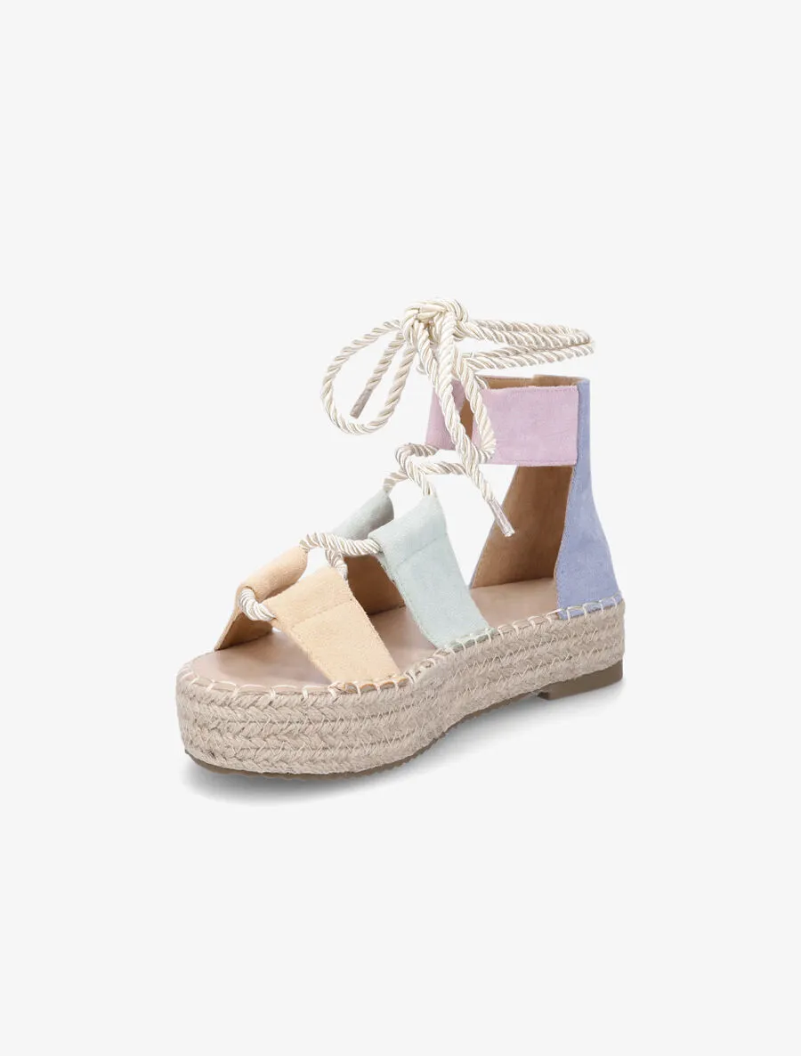 Compensées multicolore à lacets et semelle raphia