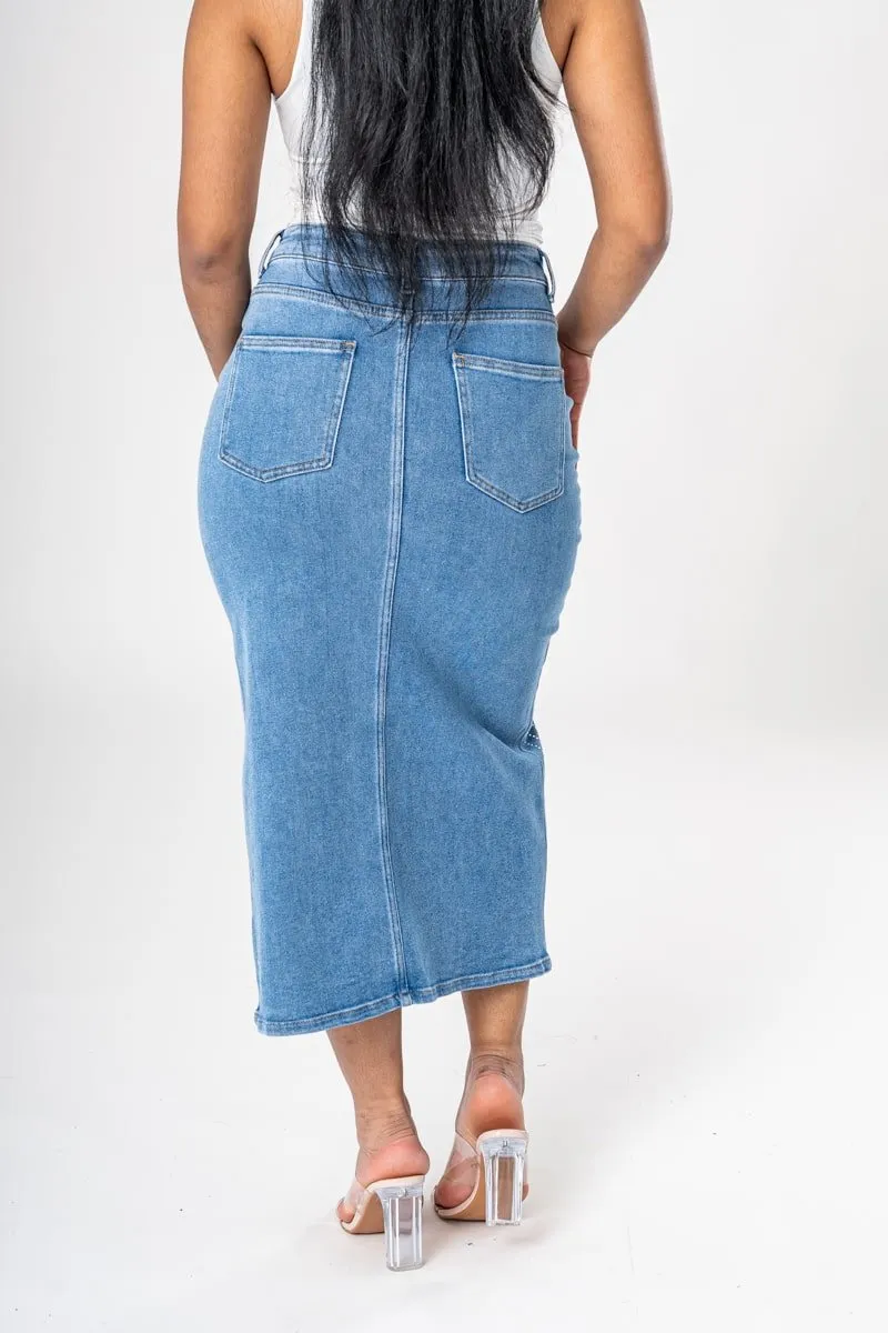 Jupe fendue asymétrique en jean à strass bleu