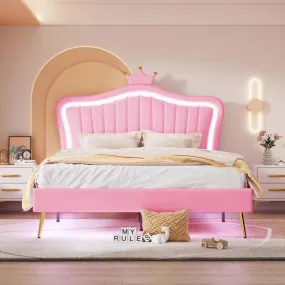 ModernLuxe Lit adulte 140x200cm avec LED, tête de lit réglable, sommier à lattes, tête de lit à moulure de couronne, PU, rose