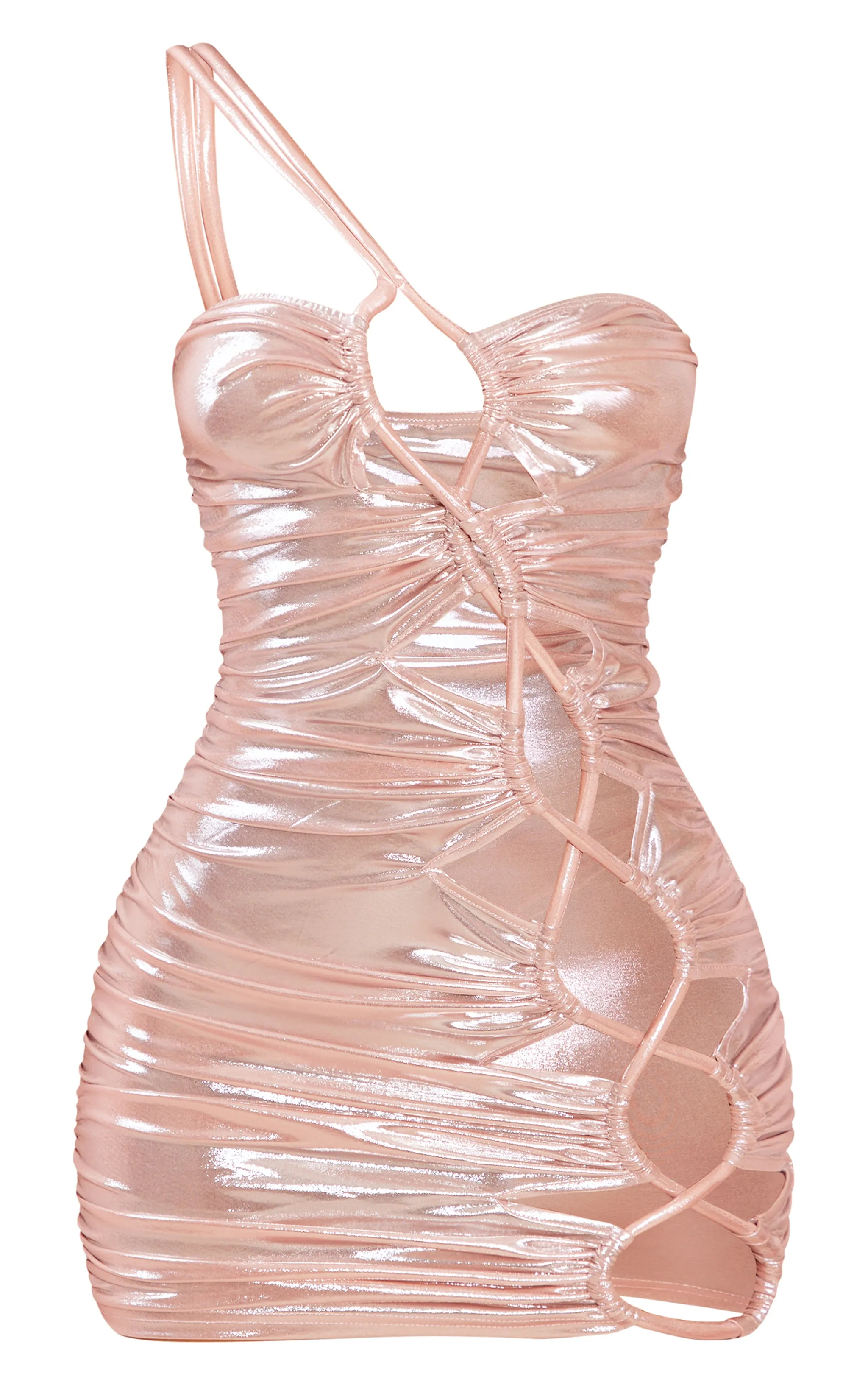 Petite Robe moulante très courte rose tendre métallique à découpes