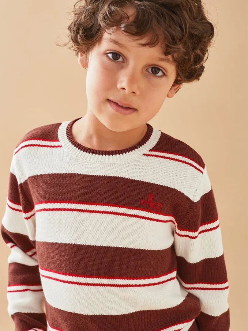 Pull tricot rayé, brun chocolat/rouge Noukie's - Beige