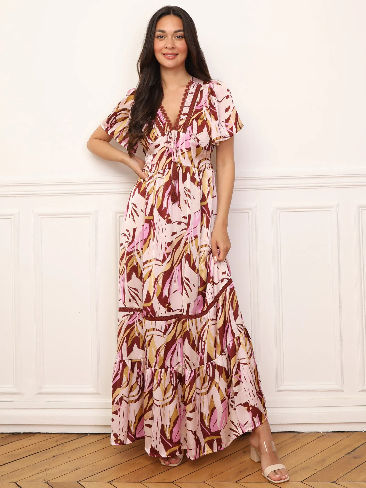 Robe longue à motif tropical et pompons- Rose