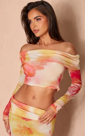 Top bardot à manches longues en mesh rose dévoré à détail plié