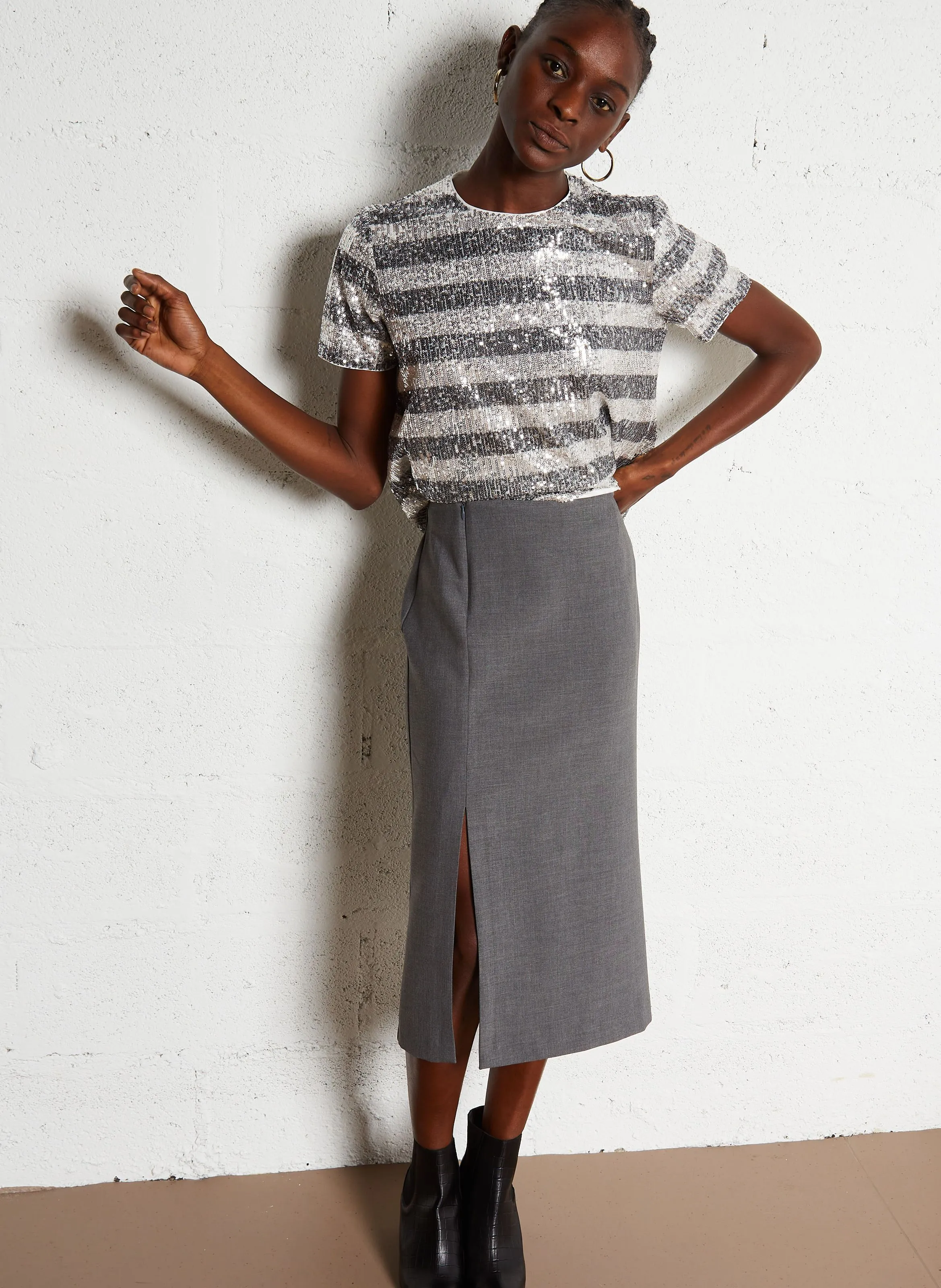 TOP COURT MANCHES COURTES à SEQUINS - IKKS pour FEMME | Printemps