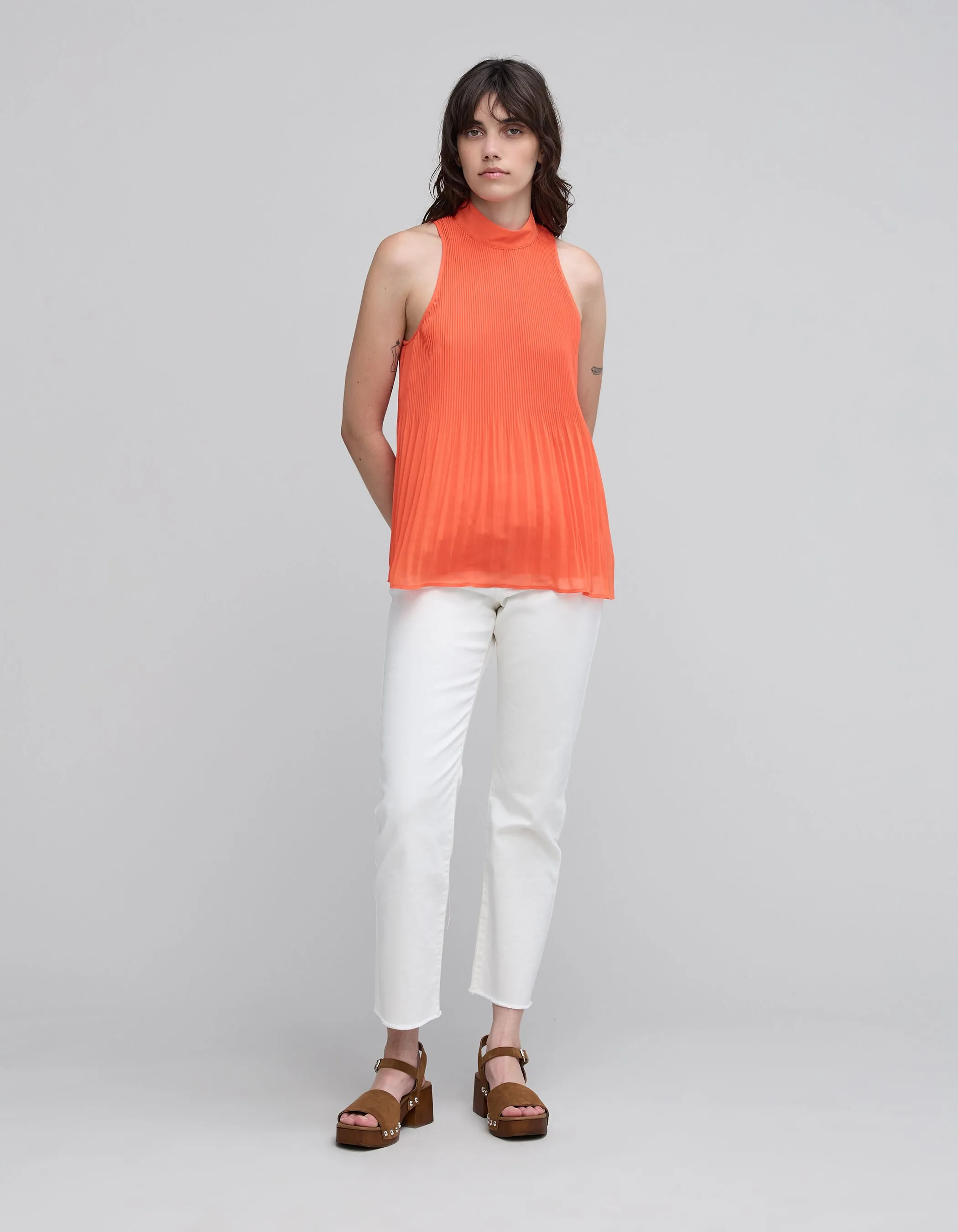 Top orange recyclé plissé emmanchures américaines Femme